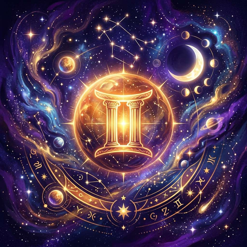 Sun in Gemini shown with its zodiac glyph on a starry violet sky