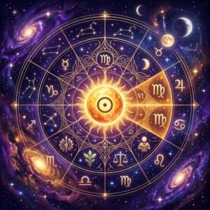 Sun placed in the sixth house of a natal chart, on a deep violet cosmic background