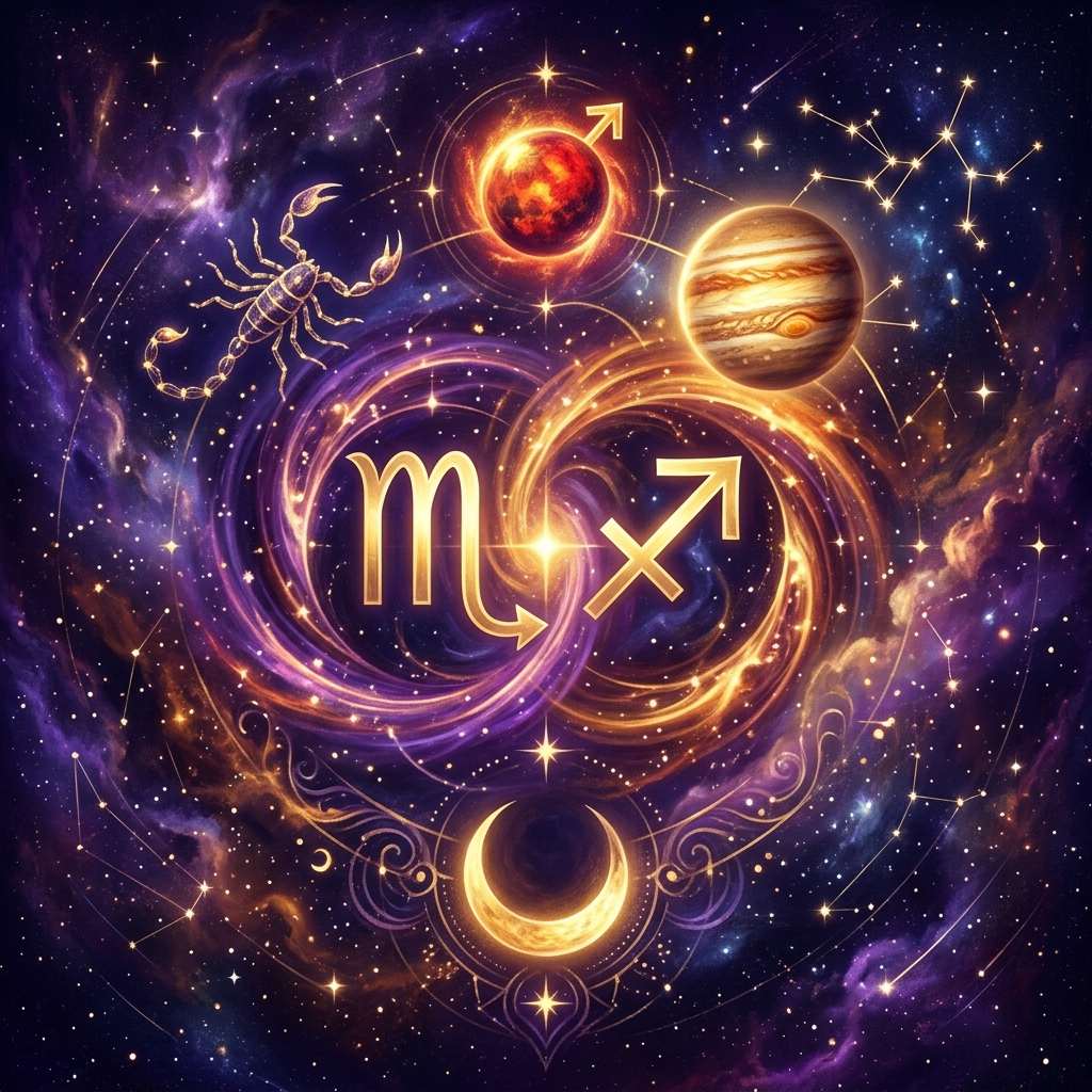 Scorpio and Sagittarius sun sign compatibility shown as two glowing zodiac symbols on a violet natal chart wheel