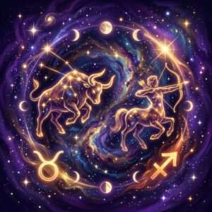 Taurus and Sagittarius sun sign compatibility shown as two glowing zodiac symbols on a violet natal chart wheel