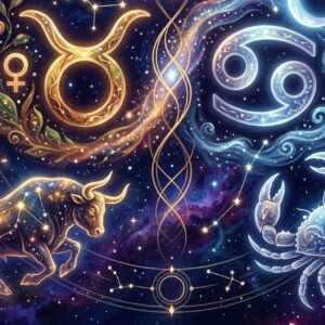 Un glyphe doré du Taureau, orné du symbole de Vénus, côtoie un glyphe argenté du Cancer et un croissant de lune, surmontant un taureau étoilé et un crabe.
