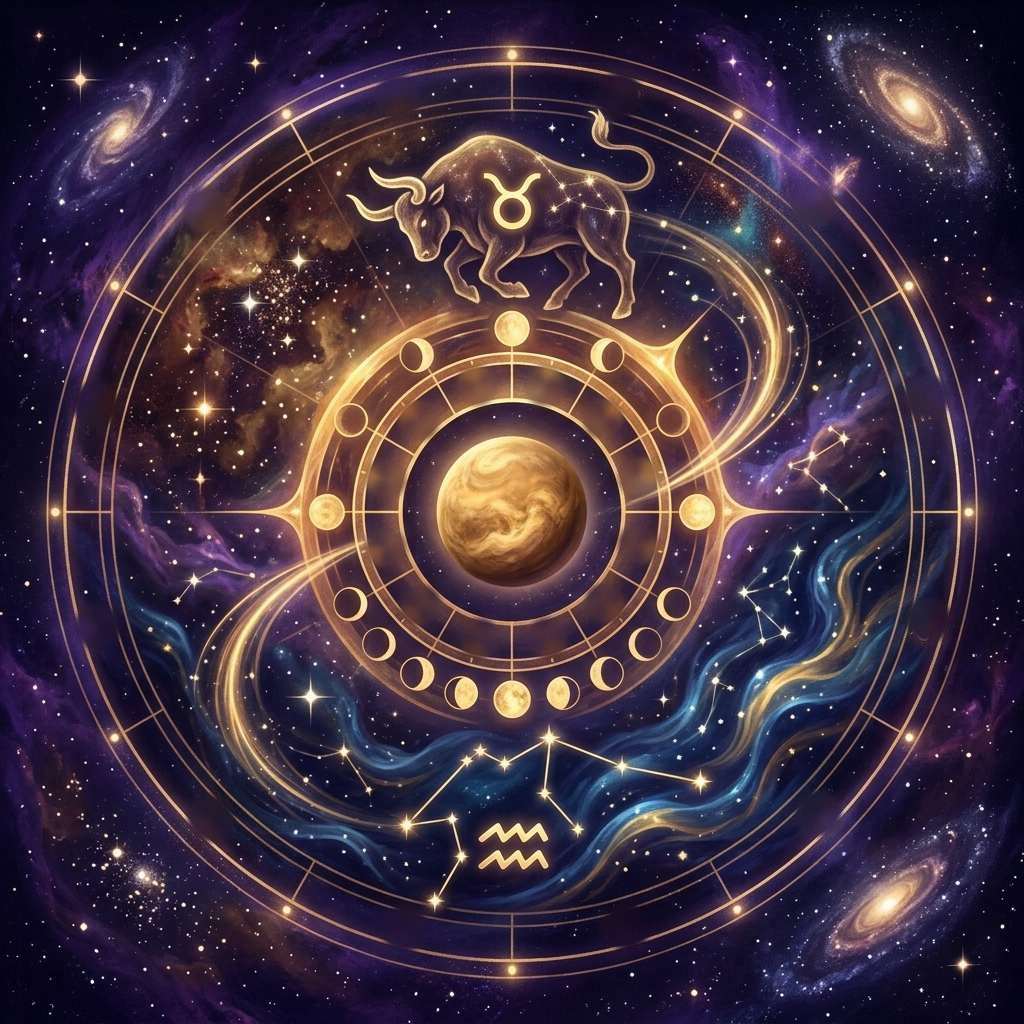 A golden bull with the Taurus glyph above a ring of Moon phases around the planet Venus, with the Aquarius glyph and constellation below, on a violet starry sky