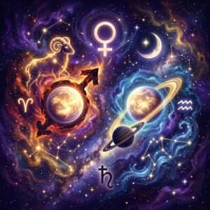 A fiery planet with the Aries ram and the Mars glyph facing a ringed planet with the Saturn and Aquarius glyphs, under the Venus symbol