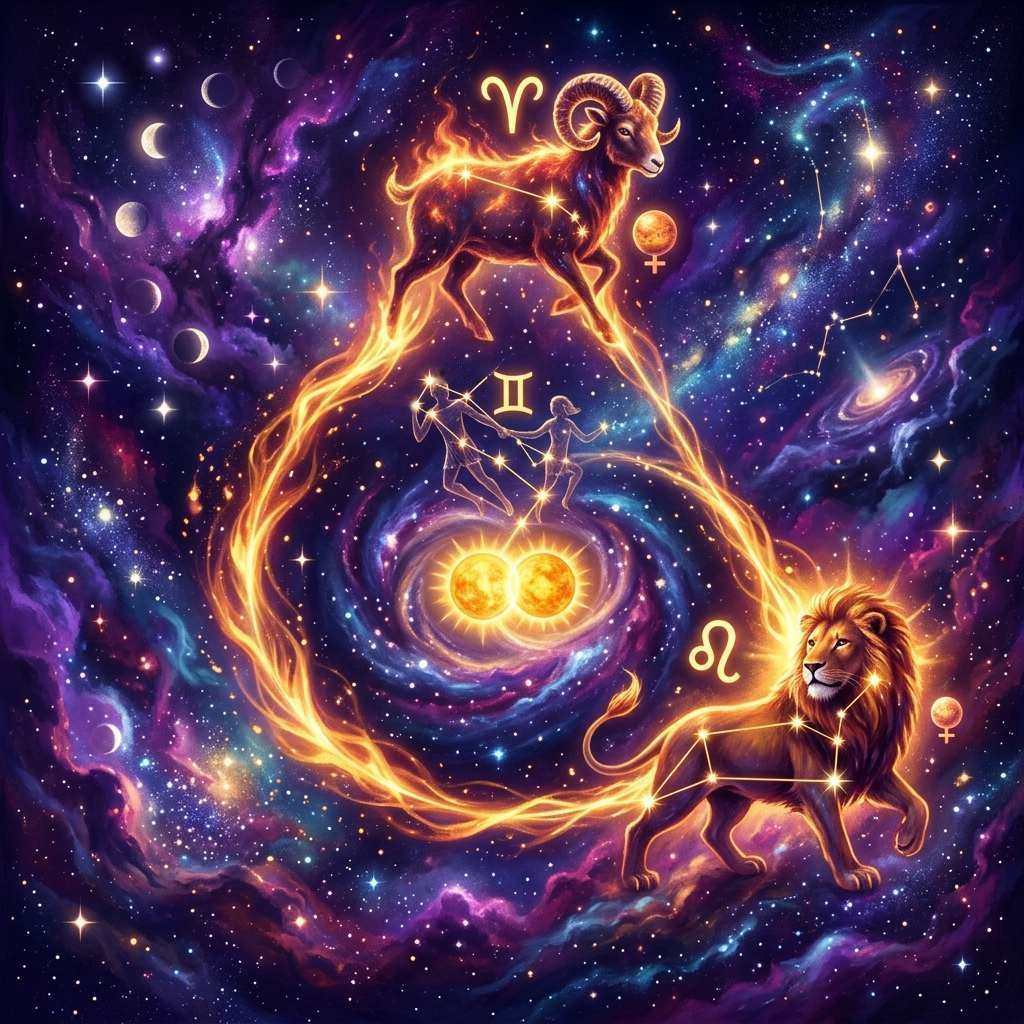 A fiery ram and a glowing lion joined by a loop of flame around two suns and the Gemini twins, with Venus symbols, for Venus in Aries and Venus in Leo compatibility