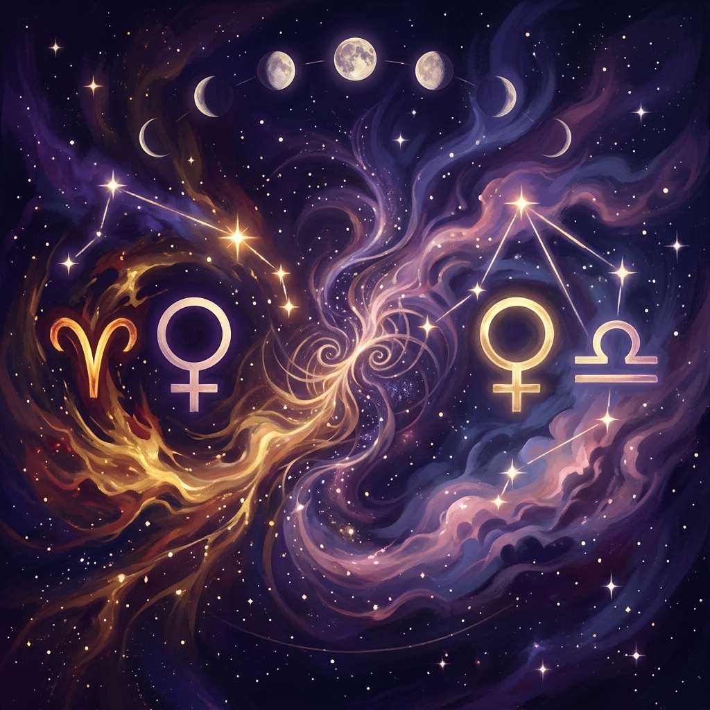 Les glyphes du Bélier et de la Balance, chacun placé à côté d'un symbole de Vénus, de part et d'autre d'un tourbillon de feu et de brume violette sous les phases de la lune, représentent la compatibilité de Vénus en Bélier et de Vénus en Balance.