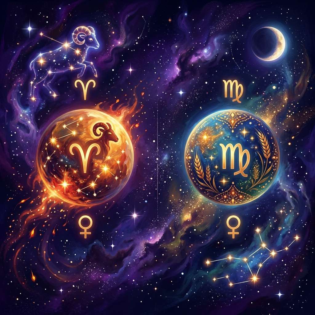 Two glowing orbs marked with the Aries and Virgo glyphs, one in flames and one with wheat, each above a Venus symbol, for Venus in Aries and Venus in Virgo compatibility