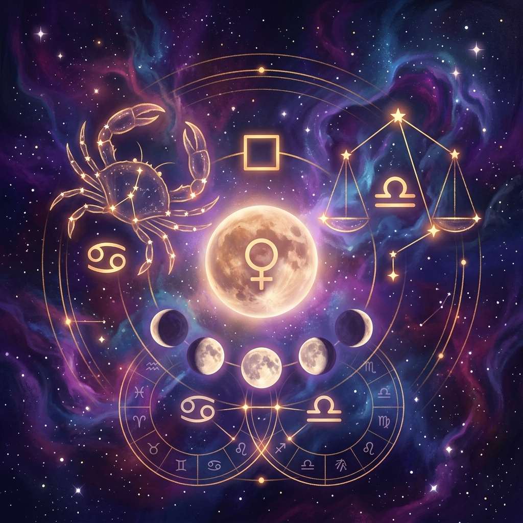 A glowing full moon with the Venus symbol between the Cancer crab and the Libra scales, a square symbol above and moon phases below