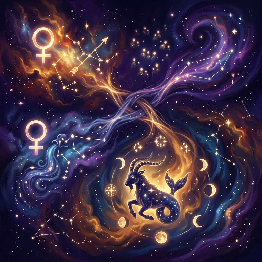 Two Venus symbols in a starry sky, one near a Sagittarius arrow and one near a stream of water for Aquarius, with a Capricorn sea-goat circled by moon phases between them.