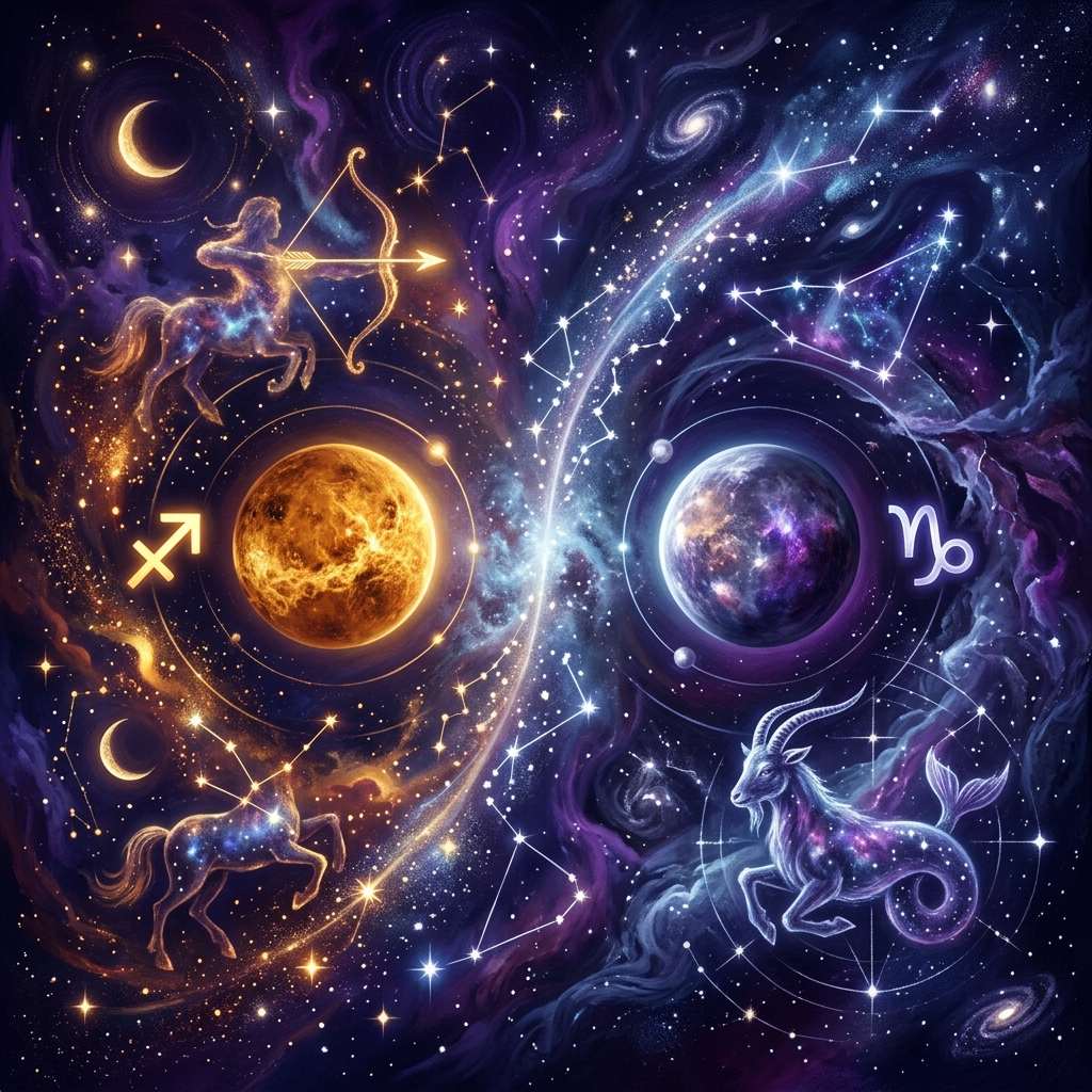 Two glowing planets in a starry sky, a gold one beside the Sagittarius archer and glyph, a violet one beside the Capricorn sea-goat and glyph.