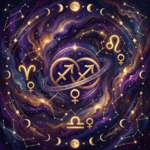 Two linked Sagittarius glyphs circled by an orbit on a purple starry sky, with Venus symbols and moon phases around them
