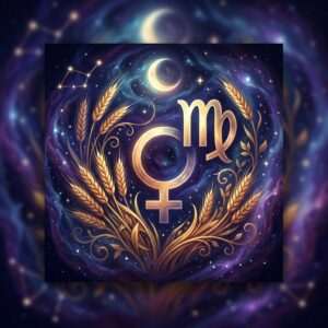 Venus in Virgo in fall, shown with the Venus and Virgo glyphs on a violet star chart