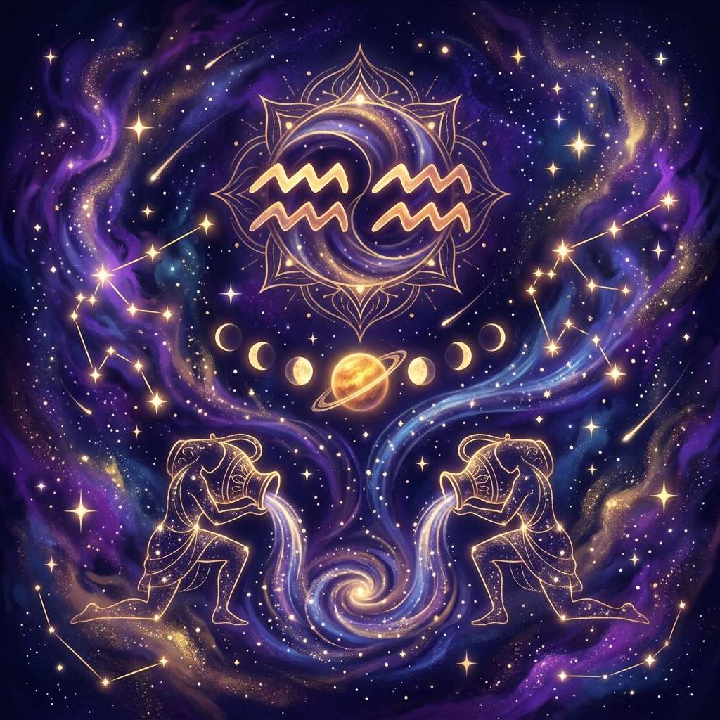 Two glowing Aquarius glyphs above a ringed planet and Moon phases, with two golden water bearers pouring streams into a violet starry swirl.
