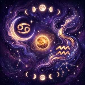 Le glyphe du Cancer à l'intérieur d'un croissant de lune, une planète aux anneaux dorés au centre, et le glyphe du Verseau à côté d'un vase déversant des étoiles, encadrés par deux rangées de phases lunaires sur un ciel violet.