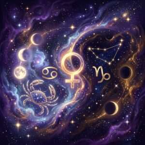 Le crabe du Cancer et le glyphe du Cancer à côté d'une rangée de phases lunaires, le symbole doré de Vénus au centre, et le glyphe du Capricorne sous sa constellation, sur un ciel étoilé violet.