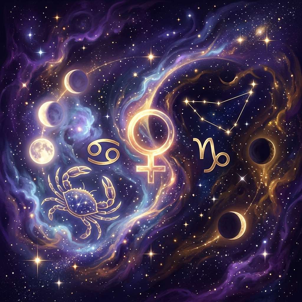 Le crabe du Cancer et le glyphe du Cancer à côté d'une rangée de phases lunaires, le symbole doré de Vénus au centre, et le glyphe du Capricorne sous sa constellation, sur un ciel étoilé violet.