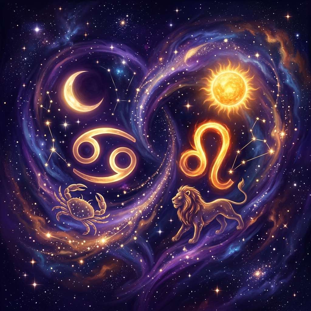 Gold glyphs for Cancer and Leo under a crescent Moon and a blazing Sun, with a crab and a lion among violet clouds and stars