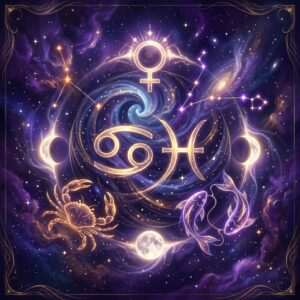 Glyphes dorés du Cancer et des Poissons sous un symbole de Vénus, avec un crabe, deux poissons et les phases de la Lune sur un fond étoilé violet