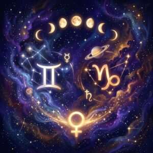 Glowing glyphs of Gemini and Capricorn with the Mercury, Saturn and Venus symbols under a row of Moon phases in a starry violet sky