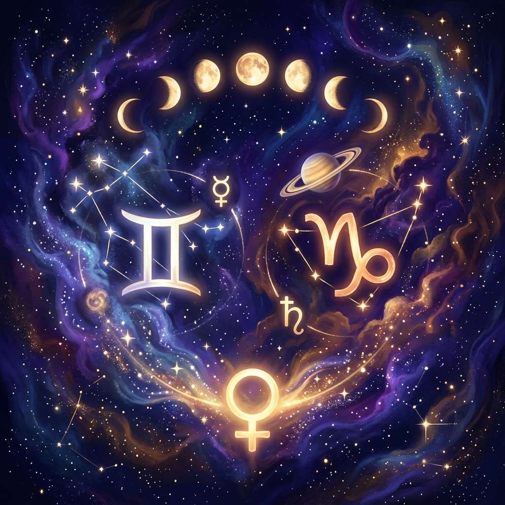 Glowing glyphs of Gemini and Capricorn with the Mercury, Saturn and Venus symbols under a row of Moon phases in a starry violet sky