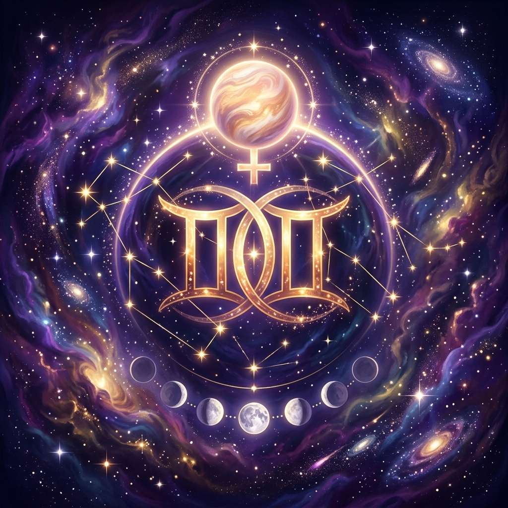 Two interlaced golden Gemini glyphs below a glowing Venus symbol, with a row of Moon phases in a violet starfield