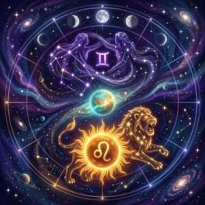 Gemini glyph between two starry twin figures above a Leo glyph in a blazing Sun and a gold lion, inside a zodiac wheel ringed by Moon phases