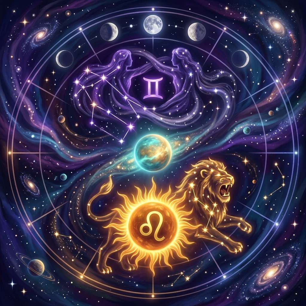 Gemini glyph between two starry twin figures above a Leo glyph in a blazing Sun and a gold lion, inside a zodiac wheel ringed by Moon phases