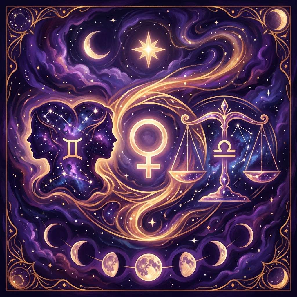 Gemini twins in profile, the Venus symbol and the Libra scales with the Libra glyph, framed by Moon phases on a violet sky