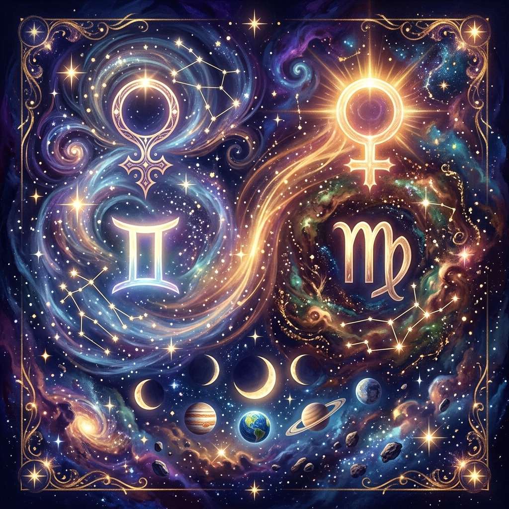 Gemini and Virgo glyphs with two Venus symbols on a starry violet sky, above a row of Moon phases and planets