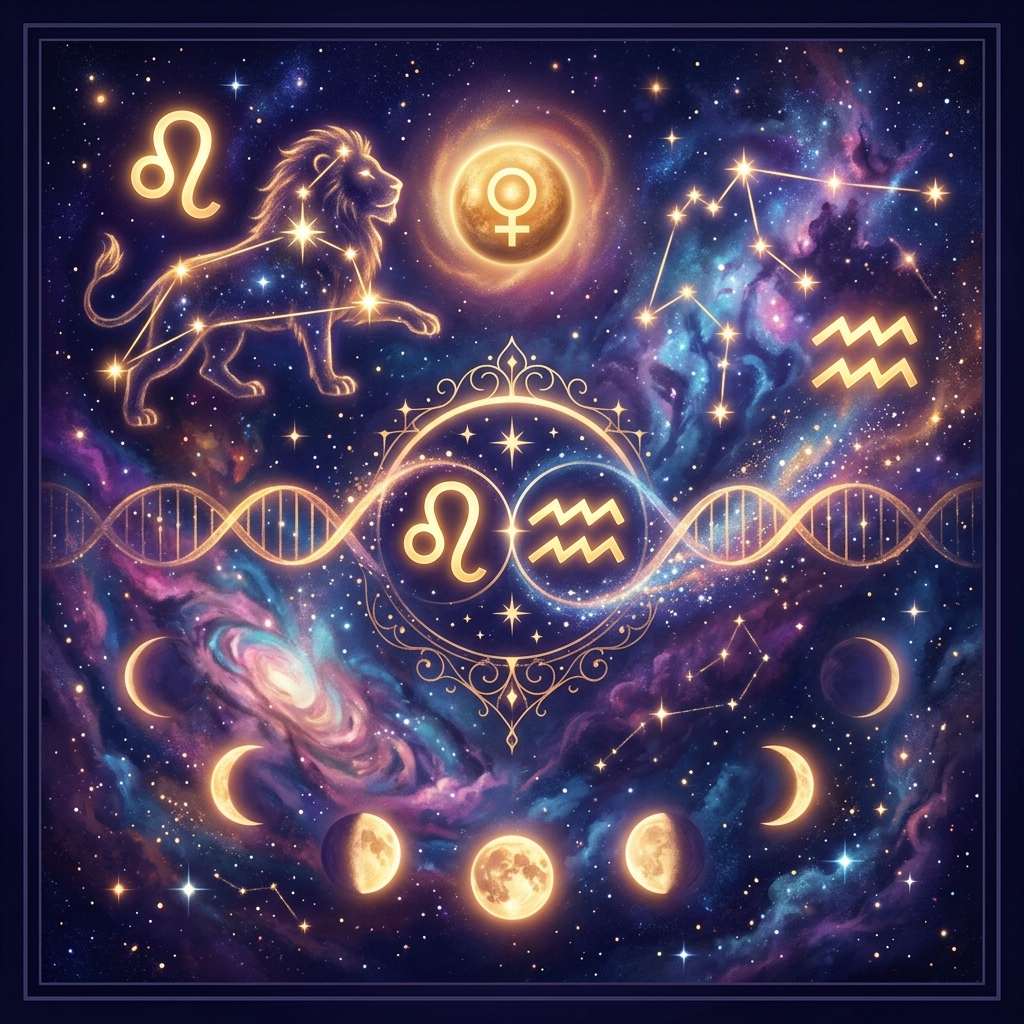 Glowing Leo and Aquarius glyphs side by side in a gold frame, with a star-drawn lion, the Venus symbol and moon phases on a violet nebula