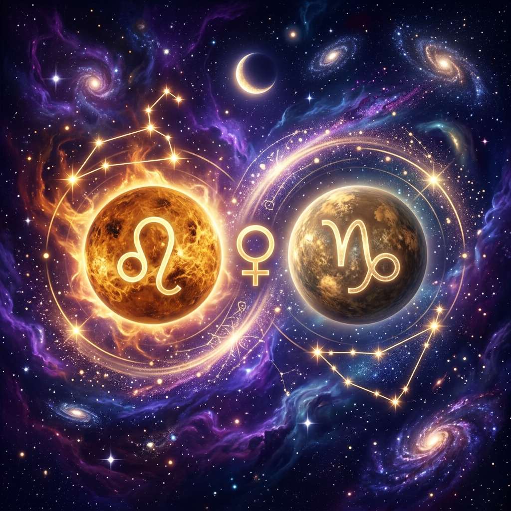 Leo and Capricorn venus sign compatibility shown as two glowing zodiac symbols on a violet natal chart wheel