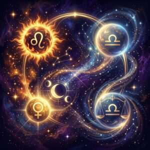 Leo glyph in a fiery sun and Libra glyphs in two glowing orbs, one with scales, beside a Venus glyph and crescent moons on a starry violet sky