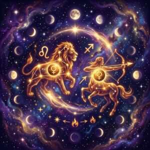 Golden Leo lion and Sagittarius archer, each marked with a Venus glyph, beside the Leo and Sagittarius glyphs in a ring of moon phases