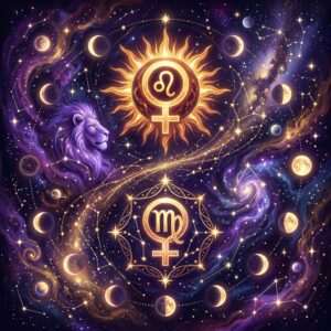 A Venus symbol holding the Leo glyph inside a blazing sun, above a second Venus symbol holding the Virgo glyph, with a purple lion and moon phases on a starry sky