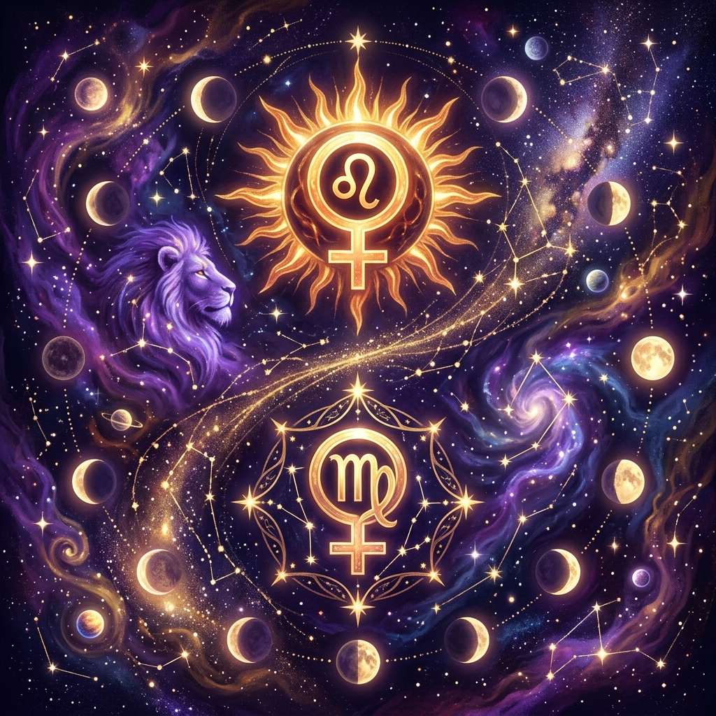 A Venus symbol holding the Leo glyph inside a blazing sun, above a second Venus symbol holding the Virgo glyph, with a purple lion and moon phases on a starry sky