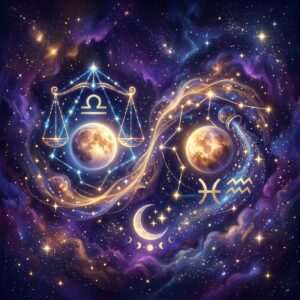 Libra and Aquarius venus sign compatibility shown as two glowing zodiac symbols on a violet natal chart wheel