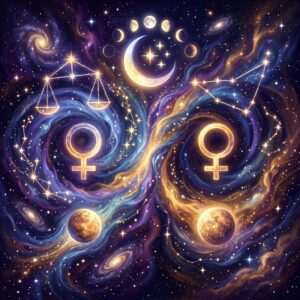 Two golden Venus symbols in swirling violet and gold nebulae, with the Libra scales glowing at upper left and Moon phases above.