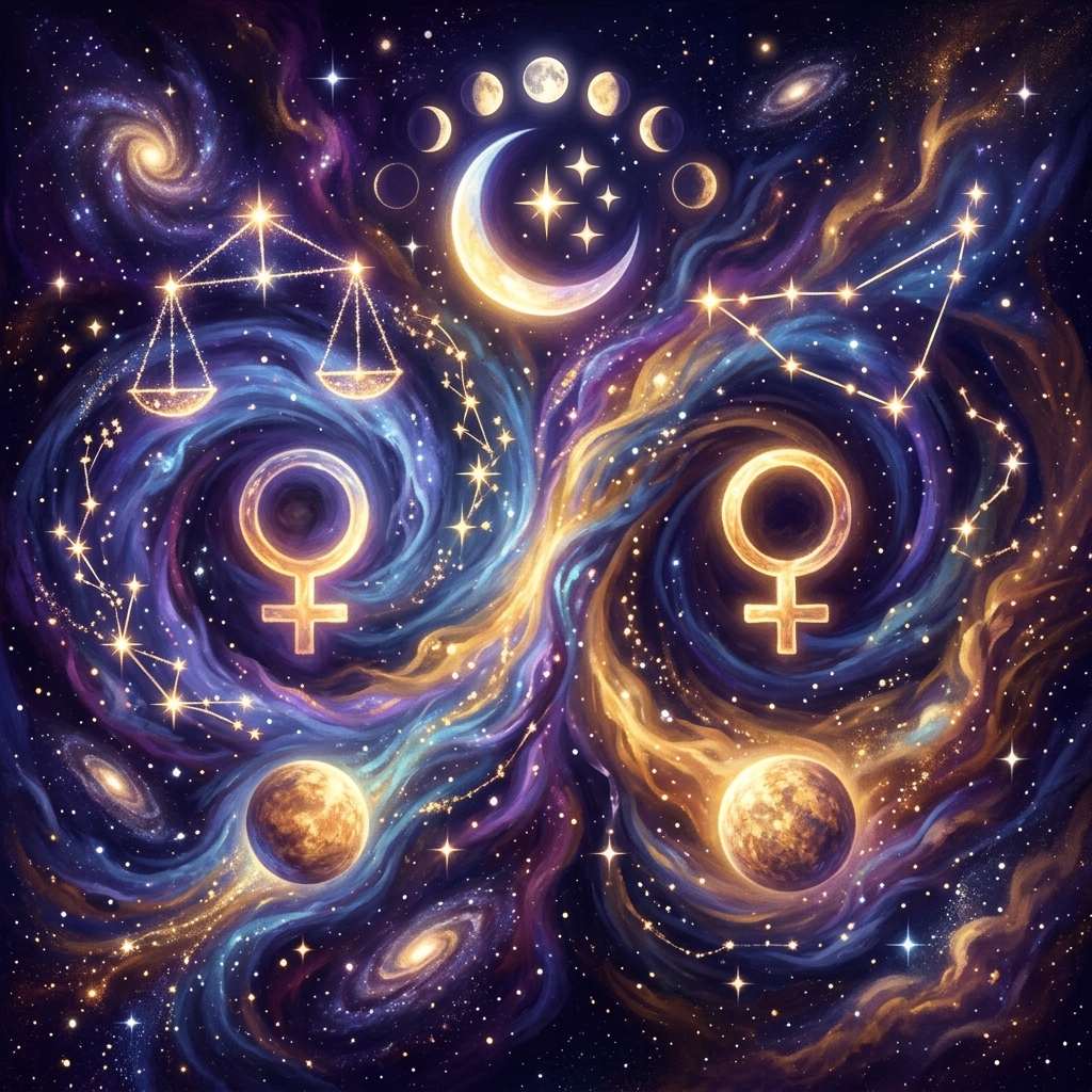 Two golden Venus symbols in swirling violet and gold nebulae, with the Libra scales glowing at upper left and Moon phases above.