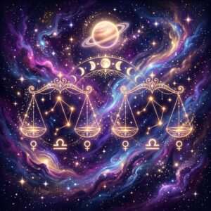 Two golden scales with Libra star patterns above Venus and Libra glyphs, a ringed planet and Moon phases on a violet starfield