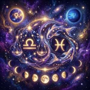 Glowing Libra and Pisces glyphs among star-drawn scales and two fish, with Venus and Neptune symbols above and moon phases below