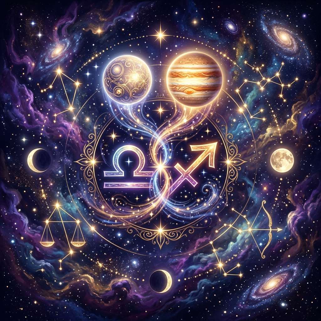 Libra and Sagittarius glyphs joined by light below two glowing planets, with the scales and the archer drawn in stars