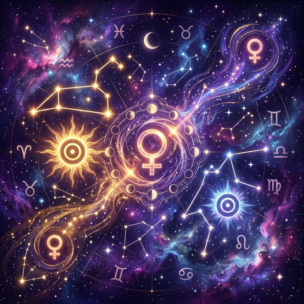 Venus sign compatibility: glowing Venus symbols linked to the Sun inside a zodiac wheel of constellations