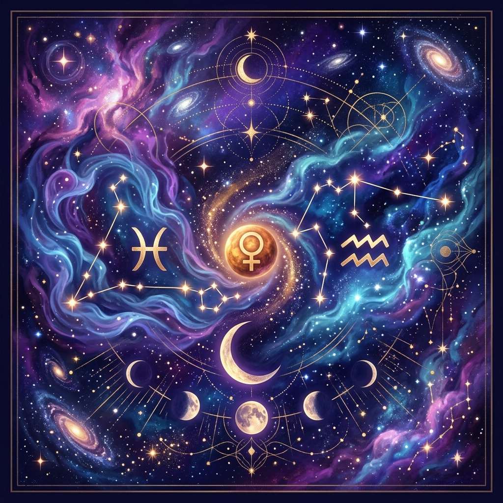The Pisces and Aquarius glyphs on either side of a golden planet marked with the Venus symbol, with star figures, a crescent moon and moon phases in a violet sky