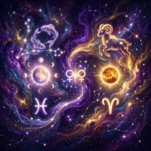 Pisces fish and glyph on the left, a golden ram and Aries glyph on the right, with two Venus symbols between them in a violet starry sky
