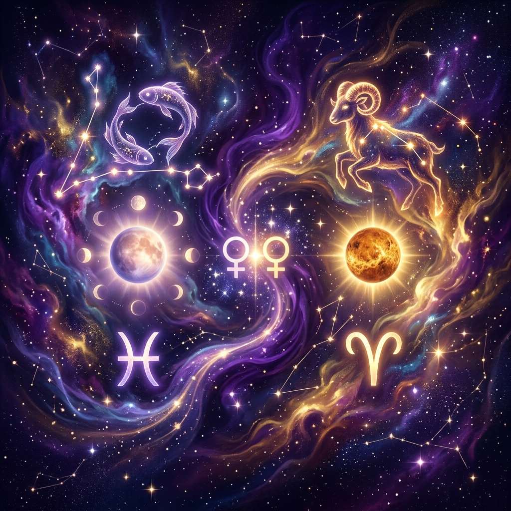 Pisces fish and glyph on the left, a golden ram and Aries glyph on the right, with two Venus symbols between them in a violet starry sky