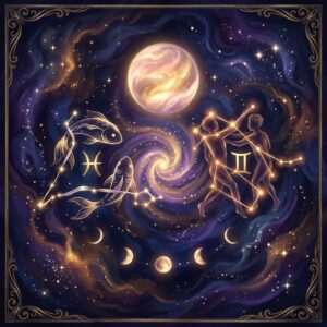 Two golden fish with the Pisces glyph and the dancing Gemini twins drawn as a star figure with the Gemini glyph, under a glowing Venus and a row of moon phases