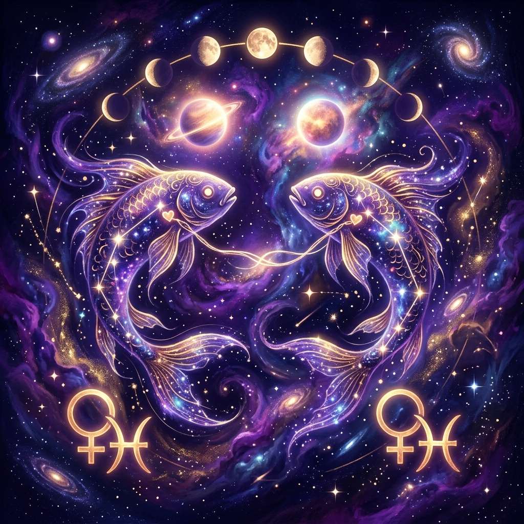 Two glowing fish facing each other with Venus and Pisces glyphs, under two planets and an arc of moon phases in a violet starry sky
