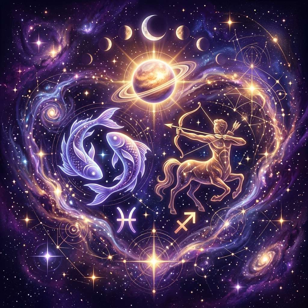 Glowing Pisces fish and Sagittarius centaur archer with their zodiac glyphs, under a ringed planet and moon phases in a violet starry sky