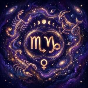 Golden Scorpio and Capricorn glyphs above a Venus symbol, framed by a glowing scorpion, a sea-goat and moon phases in a purple starfield
