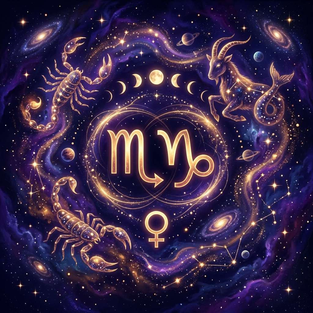 Golden Scorpio and Capricorn glyphs above a Venus symbol, framed by a glowing scorpion, a sea-goat and moon phases in a purple starfield