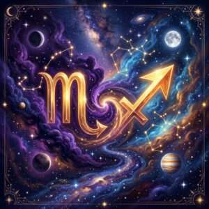 Golden Scorpio and Sagittarius zodiac glyphs side by side in a purple and blue starry nebula, with constellation lines, moons and Jupiter